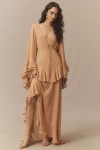 De La Vali Calypso Long-sleeve Ruffled Georgette Maxi Dress In Brown