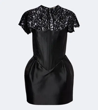 De La Vali Catalina Satin And Lace Bustier Minidress In Black