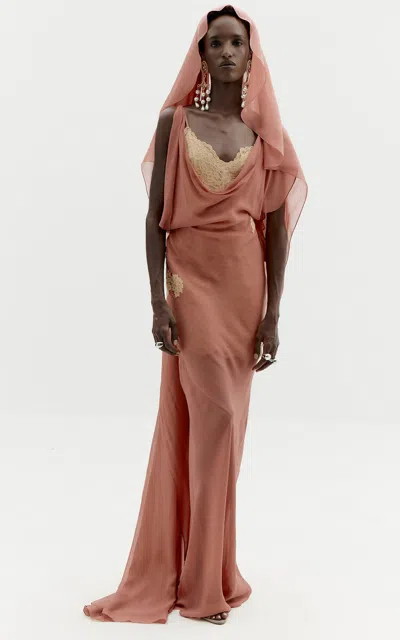 De La Vali Celestite Low-cowl Lace Maxi Dress In Pink