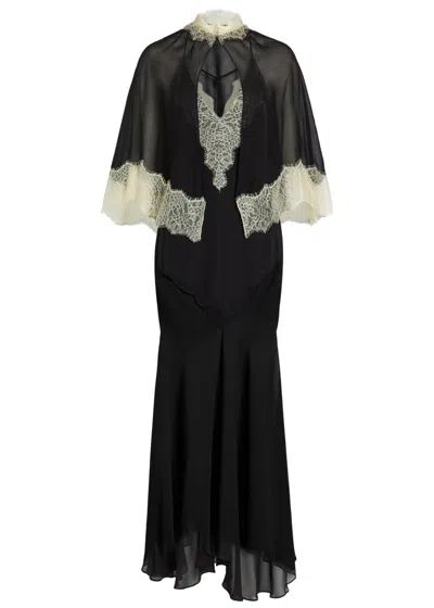 De La Vali Cielo Lace-trimmed Chiffon Cape And Maxi Dress In Black