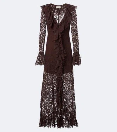 De La Vali Clementina Asymmetric Lace Maxi Dress In Brown