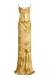De La Vali Cleodora Corseted Silk-blend Satin Maxi Dress In Green
