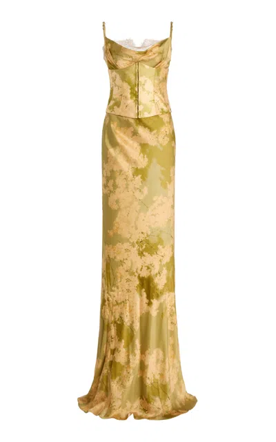 De La Vali Cleodora Corseted Silk-blend Satin Maxi Dress In Green