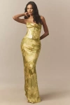 De La Vali Cleodora Silk Corset Maxi Gown In Gold