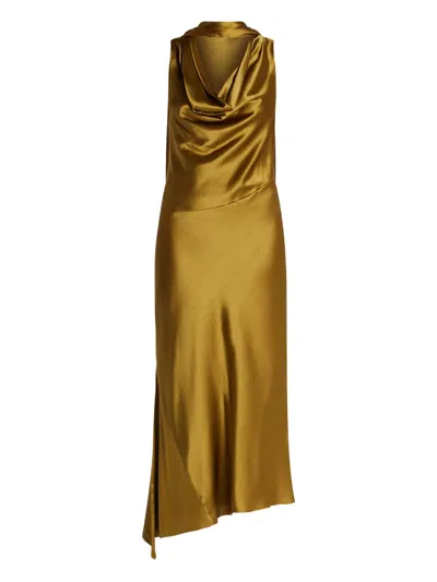 De La Vali Cowl-neck Asymmetric Dress In Gold