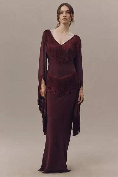 De La Vali Cristal Fringed V-neck Maxi Dress In Burgundy
