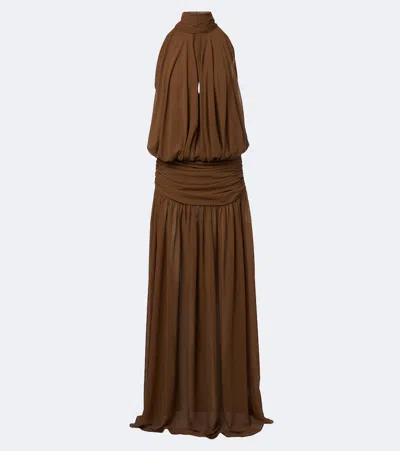 De La Vali Cruz Draped Chiffon Maxi Dress In Brown