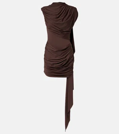 De La Vali Draped Caped Jersey Minidress In Brown