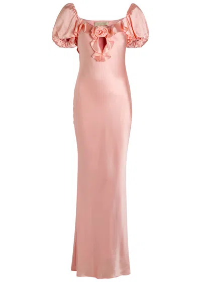 De La Vali Eden Ruffled Stretch-satin Maxi Dress In Pink