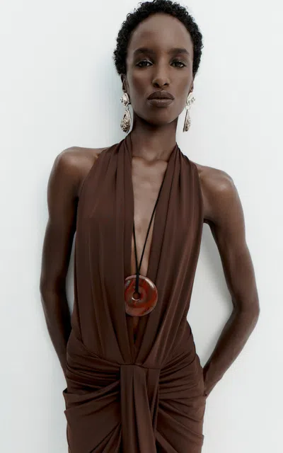 De La Vali Elaria Deep V-halter Midi Dress In Brown
