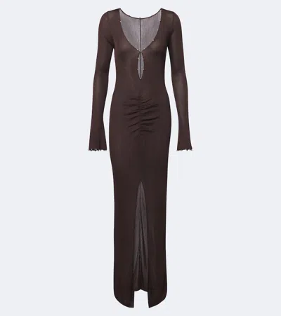 De La Vali Elisia Ribbed-knit Ruched Maxi Dress In Brown
