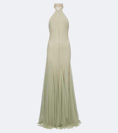 De La Vali Elowen Lace Halterneck Gown In Green