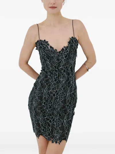 De La Vali Emerald Lace-embellished Ruffled Maxi Dress In Gray