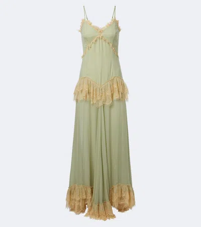 De La Vali Estela Lace-trimmed Georgette Maxi Dress In Green