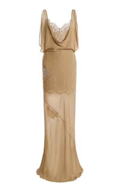 De La Vali Exclusive Emerald Chiffon Maxi Dress In Brown
