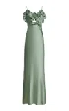 De La Vali Exclusive Ruffled Silk-blend Satin Maxi Slip Dress In Green