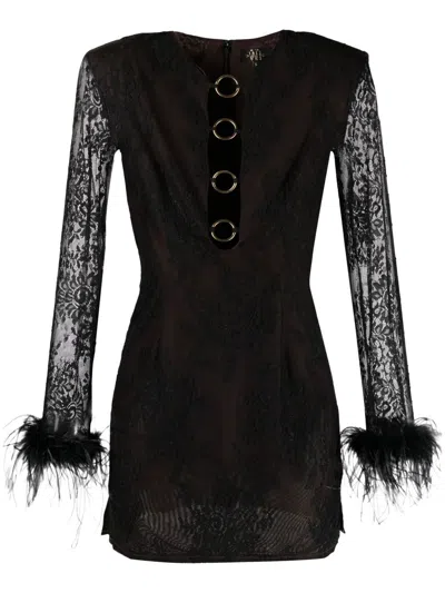 De La Vali Feather-embellished Lace Minidress In Black