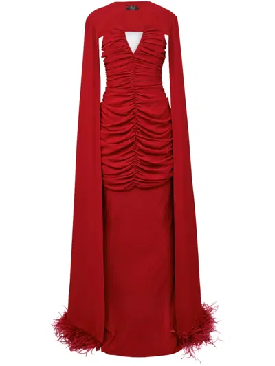 De La Vali Feather-trim Cape Gown In Red