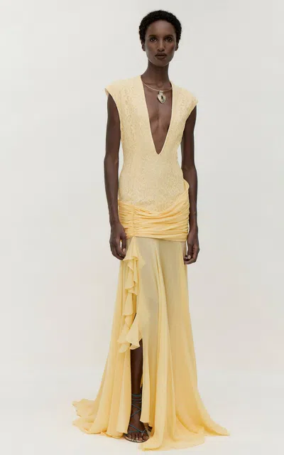 De La Vali Fiora Cotton-blend Maxi Dress In Yellow
