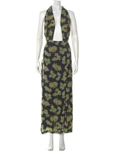 Pre-owned De La Vali Floral Print Long Dress In Green