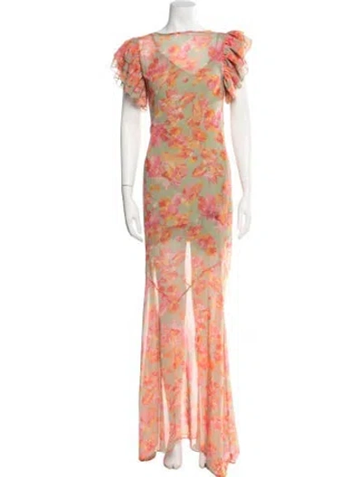 Pre-owned De La Vali Floral Print Long Dress In Green
