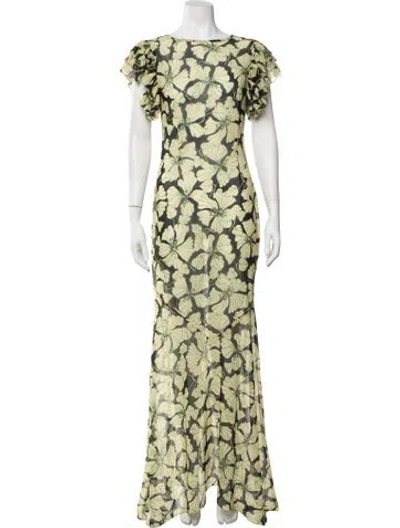 Pre-owned De La Vali Floral Print Long Dress In Green