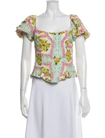 Pre-owned De La Vali Floral Print Square Neckline Top In White