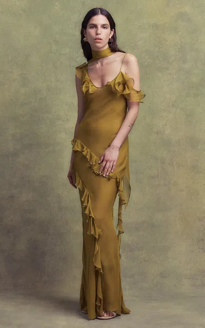 De La Vali Hemera Ruffled Silk Maxi Dress In Olive