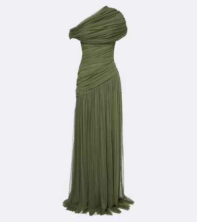 De La Vali Himalia Ruched One-shoulder Tulle Gown In Green