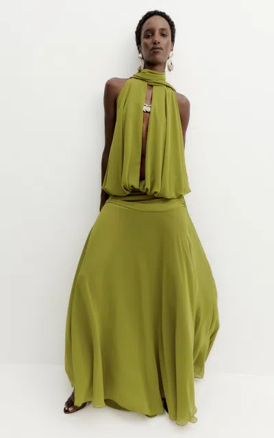 De La Vali Indigo Sheer Halter Maxi Dress In Olive