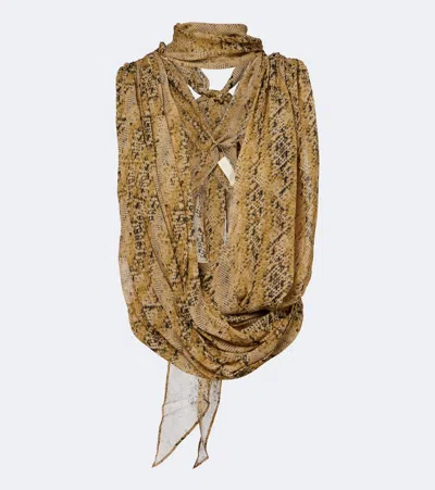 De La Vali Isolde Draped Snake-print Georgette Top In Yellow