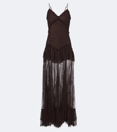 De La Vali Kala Tiered Ruffled Lace Midi Dress In Brown