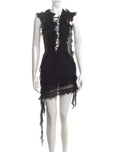 Pre-owned De La Vali Lace Pattern Mini Dress In Black