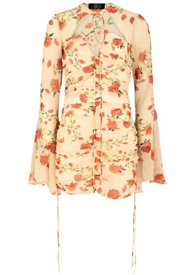 De La Vali Lorena Floral-print Ruched Chiffon Mini Dress In Cream