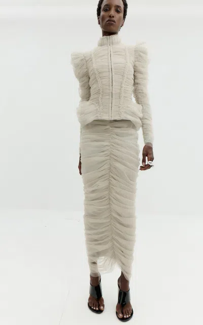 De La Vali Lorencia High-neck Gathered Jacket In Neutral