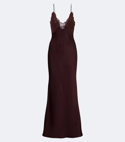 De La Vali Maeve Lace-trimmed Satin Gown In Burgundy