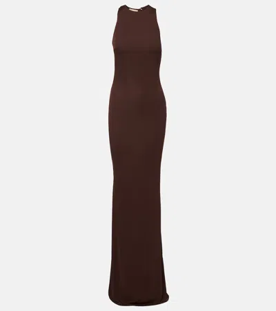 De La Vali Maha Beaded Open-back Jersey Gown In Brown