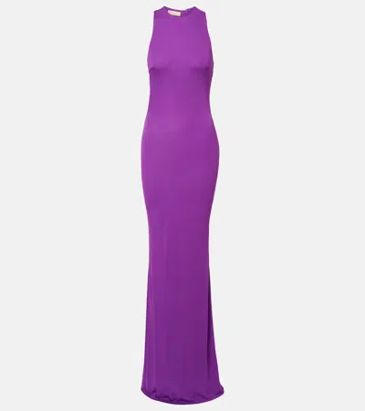 De La Vali Maha Beaded Open-back Jersey Gown In Purple
