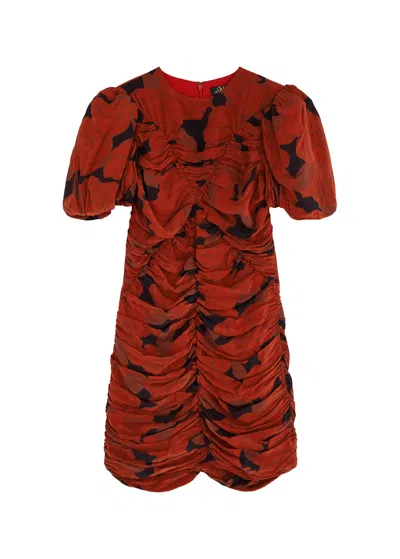 De La Vali Marceline Printed Ruched Mini Dress In Red