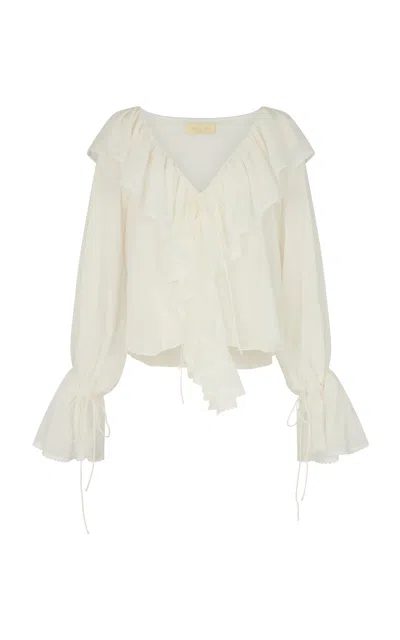 De La Vali Maya Ruffled Cotton Top In White