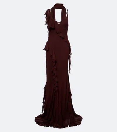 De La Vali Mayara Ruffled Scarf-detail Georgette Gown In Brown