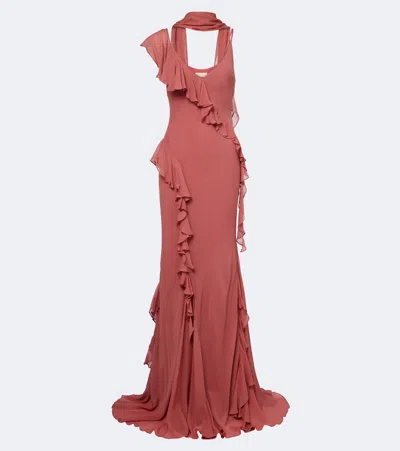 De La Vali Mayara Ruffled Scarf-detail Georgette Gown In Brown