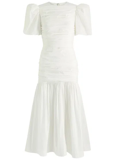 De La Vali Mencia Ruched Cotton Midi Dress In White