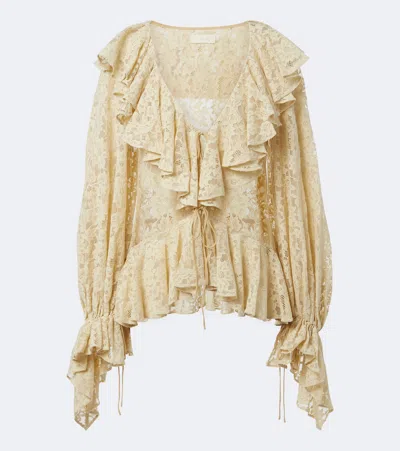 De La Vali Mija Ruffled Lace Blouse In Animal Print