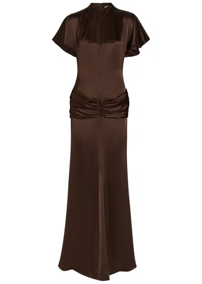 De La Vali Myra Gathered Satin Gown In Brown