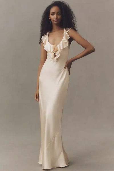 DE LA VALI NEMA RUFFLE ROSETTE SILK SATIN MAXI DRESS