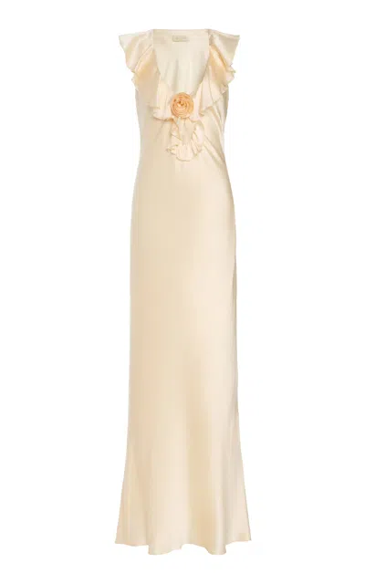 De La Vali Nema Ruffled Silk-blend Satin Maxi Slip Dress In Neutral