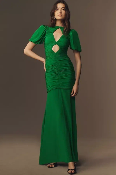 De La Vali Olympia Puff-sleeve Ruched Crepe Maxi Dress In Green