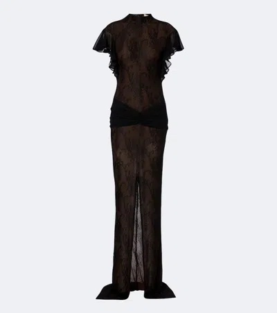 De La Vali Omero Ruched Lace Maxi Dress In Black