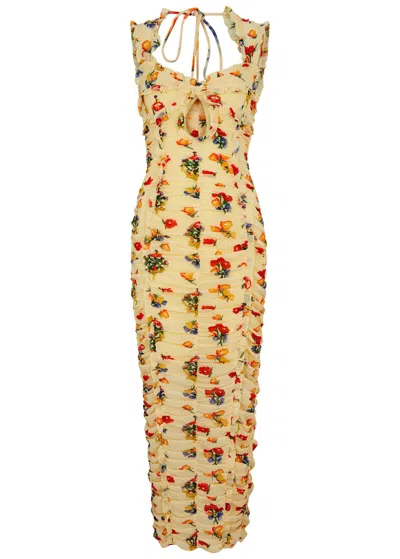 De La Vali Pampato Printed Ruched Chiffon Midi Dress In Yellow